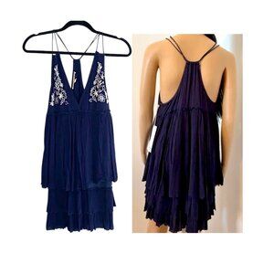 Mini-Dress, Navy Tiered Ruffle, Racerback, Embroidered Flowers, Small